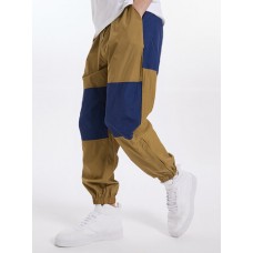 Mens Contrast Color Patchwork Drawstring Waist Jogger Pants