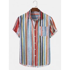 Mens Colorful Striped Button Up Holiday Short Sleeve Shirts